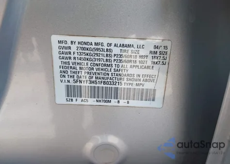 2015 Honda Pilot Ex-L from USA, damaged, VIN 5FNYF3H51FB033215